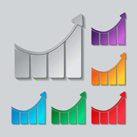 Growing bars graphic with rising arrow icon. Paper style colored setのイラスト素材