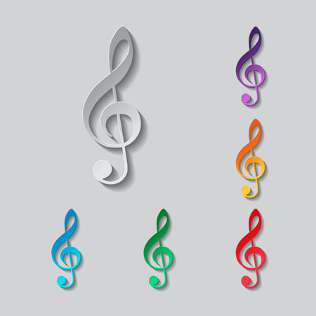 Simple icon of treble key set. paper design with colored objectsのイラスト素材