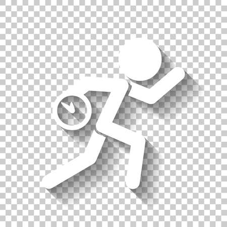 Running man with clock. Simple icon. To be late. An unpleasant situation. White icon with shadow on transparent backgroundのイラスト素材