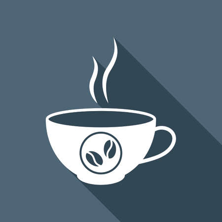 White cup of steaming coffee icon with long shadow in the backgroundのイラスト素材