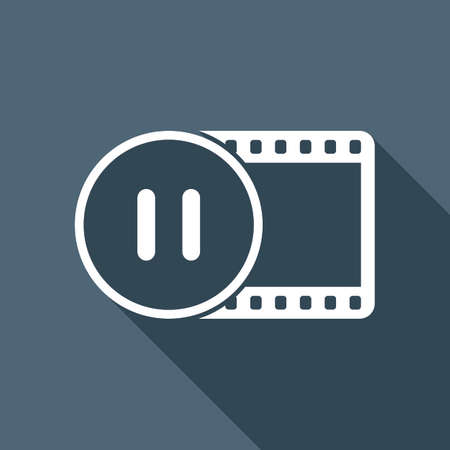 A movie strip with pause symbol in circle. simple silhouette. White flat icon with long shadow on backgroundのイラスト素材