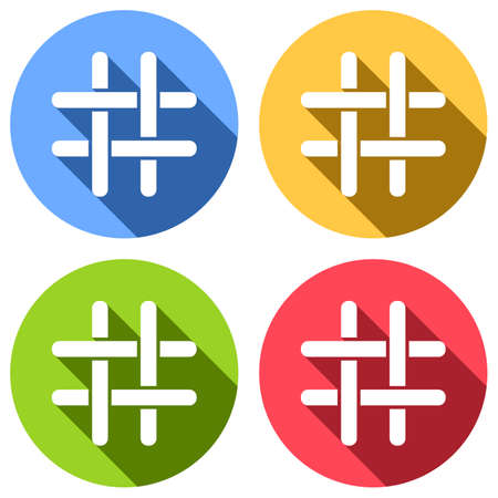 Hashtag icon. Set of white icons with long shadow on blue, orange, green and red colored circles. Sticker styleのイラスト素材