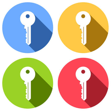 Key icon. Set of white icons with long shadow on blue, orange, green and red colored circles. Sticker styleのイラスト素材