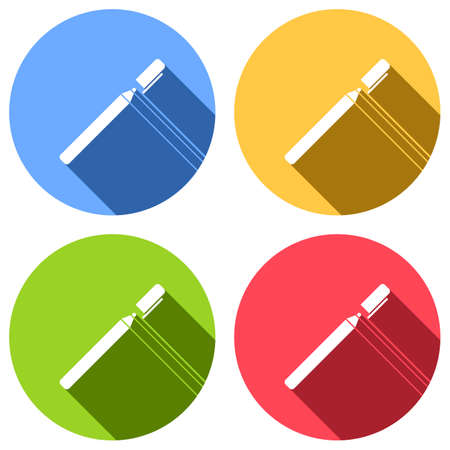 Pen or marker icon. Set of white icons with long shadow on blue, orange, green and red colored circles. Sticker styleのイラスト素材