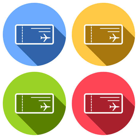 Set of airplane ticket, in white icons with long shadow on blue, orange, green and red colored circles.のイラスト素材