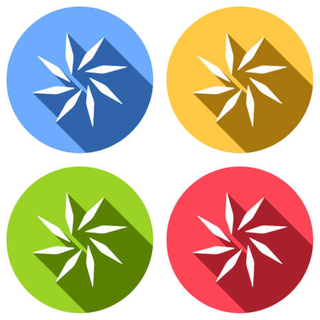 leaf, bamboo, flower. simple silhouette. Set of white icons with long shadow on blue, orange, green and red colored circles. Sticker styleのイラスト素材