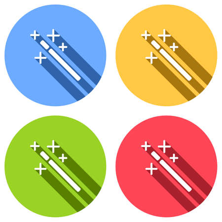 magic wand. simple silhouette. Set of white icons with long shadow on blue, orange, green and red colored circles. Sticker styleのイラスト素材
