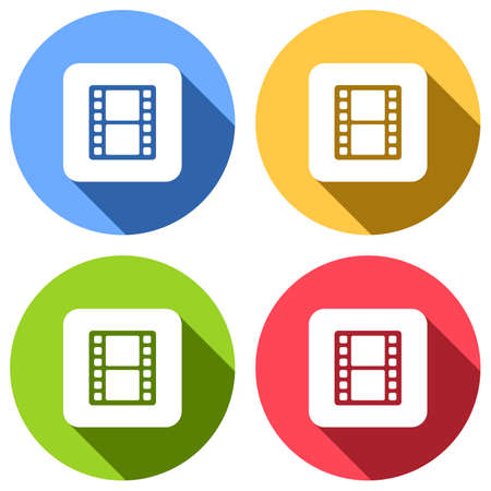 Set of film strip in white icons with long shadow on blue, orange, green and red colored circles, Sticker style.のイラスト素材