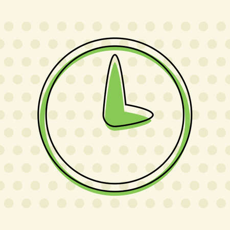 Simple icon of clock. Black contour of icon and green filling on beige seamless background with circleのイラスト素材