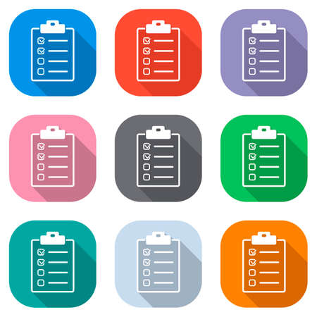 Checklist icon. Set of white icons on coloured squares for applications. Seamless and pattern for poster.のイラスト素材