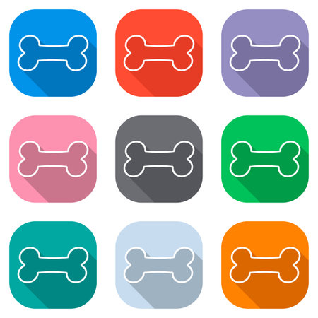 Dog bone icon. Set of white icons on colored squares. Seamless and pattern for poster