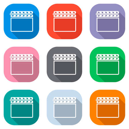 Film clap board cinema close icon. Set of white icons on colored squares. Seamless and pattern for posterのイラスト素材