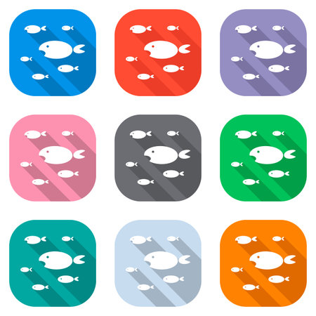 School of fishes. Set of white icons on colored squares. Seamless and pattern for posterのイラスト素材