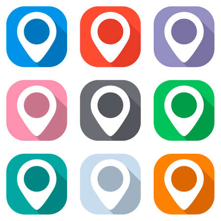 Map label icon. Set of white icons on colored squares. Seamless and pattern for posterのイラスト素材