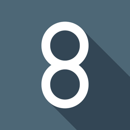 Number eight, numeral, simple letter. White flat icon with long shadow on backgroundのイラスト素材