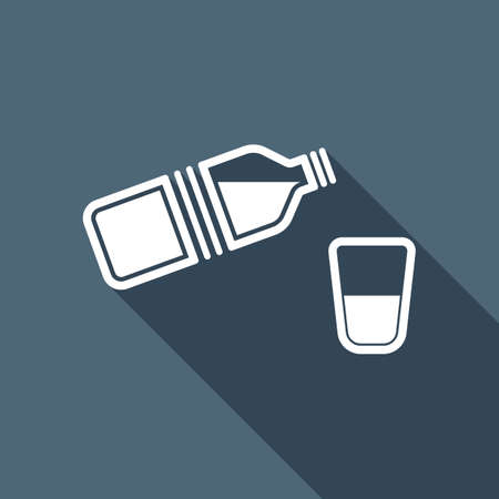 bottle of water and glass. simple single icon. White flat icon with long shadow on backgroundのイラスト素材