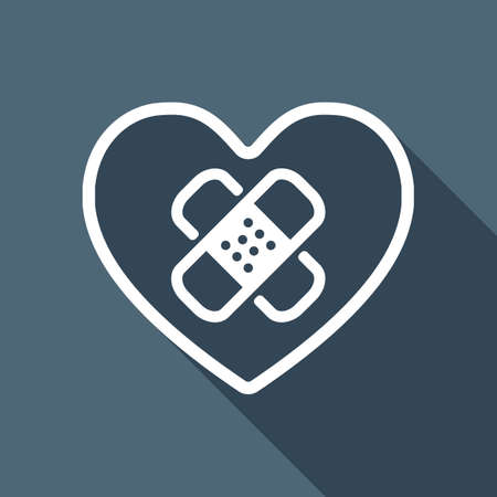 broken heart with patch. simple single icon. White flat icon with long shadow on backgroundのイラスト素材