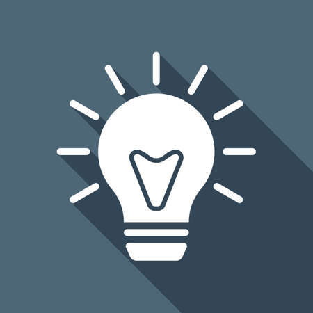old bulb with light. simple single icon. White flat icon with long shadow on backgroundのイラスト素材
