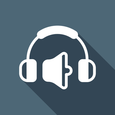 Headphones and volume level. Medium volume level. Simple icon. White flat icon with long shadow on backgroundのイラスト素材