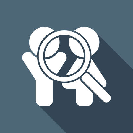 Human resources. Search teamgroup. Man, woman and magnifying symbols. White flat icon with long shadow on backgroundのイラスト素材