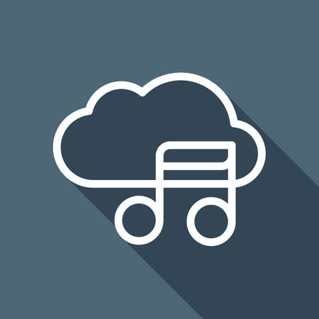 Simple icon with cloud and musical note. Linear symbol, thin outline. White flat icon with long shadow on backgroundのイラスト素材