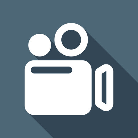 Simple video camera icon. White flat icon with long shadow on background