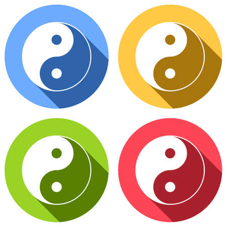 yin yan symbol. Set of white icons with long shadow on blue, orange, green and red colored circles. Sticker styleのイラスト素材