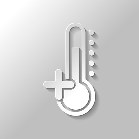 Thermometer, hot. above zero temperature. Paper style with shadow on gray backgroundのイラスト素材