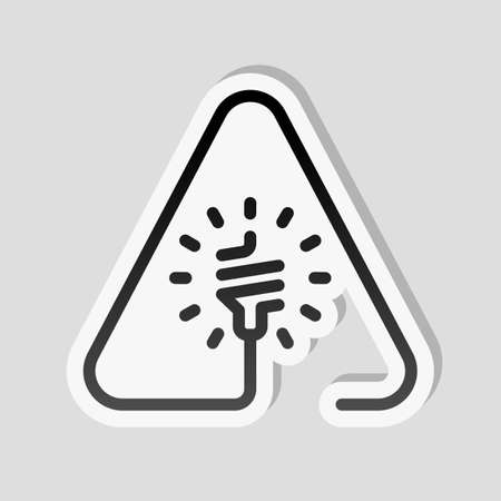 Led lamp in warning triangle. Linear icon with thin outline. One line style. Sticker style with white border and simple shadow on gray backgroundのイラスト素材