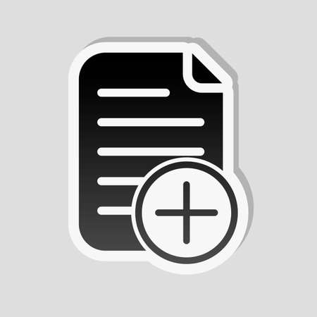add document icon, paper and plus in circle. Sticker style with white border and simple shadow on gray backgroundのイラスト素材