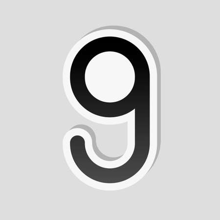Number nine, numeral, simple letter. Sticker style with white border and simple shadow on gray backgroundのイラスト素材