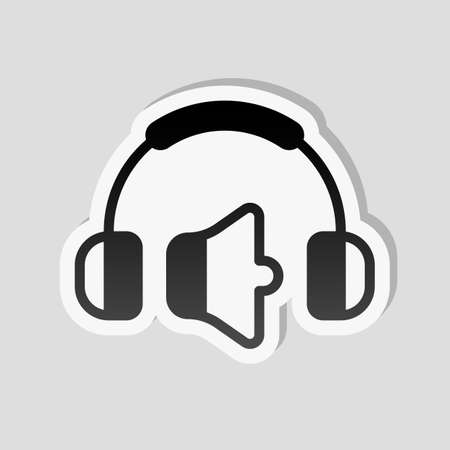 Headphones and volume level. Min volume level. Simple icon. Sticker style with white border and simple shadow on gray backgroundのイラスト素材