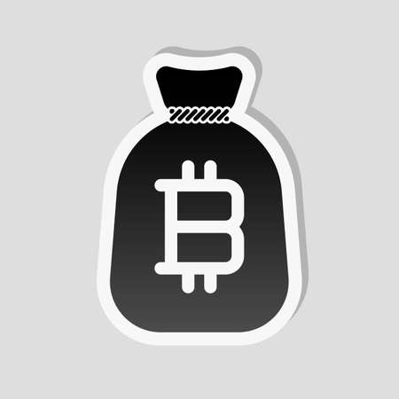 Money bag with bitcoin. Full moneybag icon. Sticker style with white border and simple shadow on gray backgroundのイラスト素材