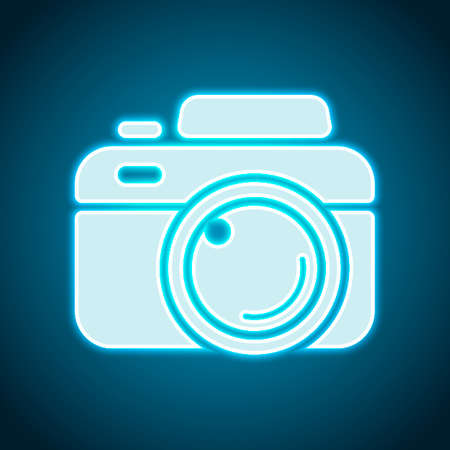 Photo camera, simple icon. Neon style. Light decoration icon. Bright electric symbolのイラスト素材