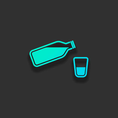 bottle of water with bubbles and glass cup. simple icon. Colorful logo concept with soft shadow on dark background. Icon color of azure oceanのイラスト素材