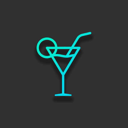 Coctail glass. Simple linear icon with thin outline. Colorful logo concept with soft shadow on dark background. Icon color of azure oceanのイラスト素材