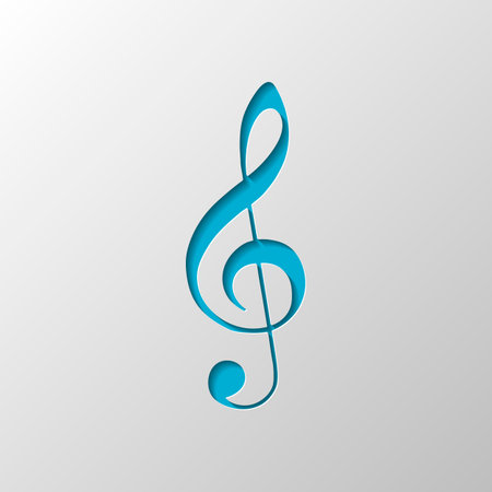 Simple icon of treble key. Paper design. Cutted symbol with shadow
