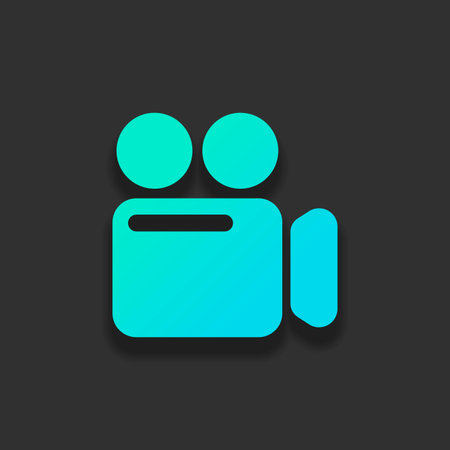 Simple video camera icon. Colorful logo concept with soft shadow on dark background. Icon color of...