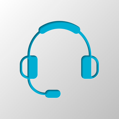 Headphones with microphone. Support service. Simple icon. Paper design. Cutted symbol with shadow