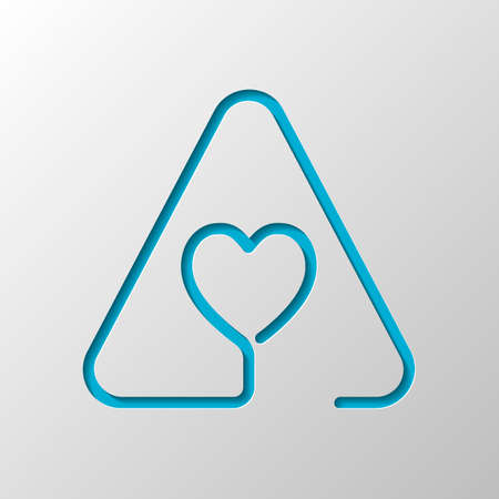 Heart in warning triangle. Linear icon with thin outline. One line style. Paper design. Cutted symbol with shadowのイラスト素材