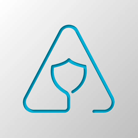 Shield in warning triangle. Problem with protect. Linear icon with thin outline. One line style. Paper design. Cutted symbol with shadowのイラスト素材