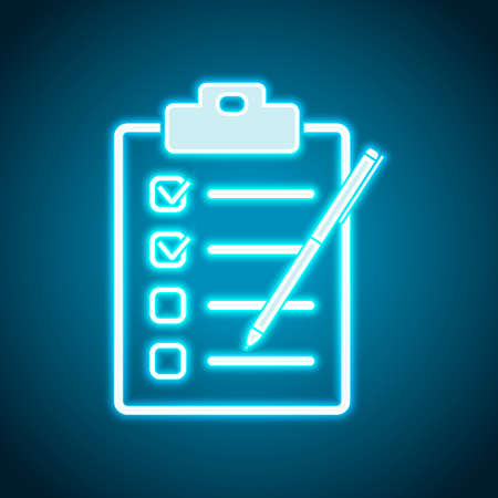 Checklist with pen icon. Neon style. Light decoration icon. Bright electric symbolのイラスト素材