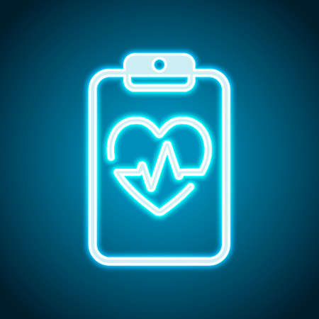 Medical clipboard. Tablet, paper, heart and pulse line. Cardiology report blank. Linear icon with thin outline. Neon style. Light decoration icon. Bright electric symbolのイラスト素材