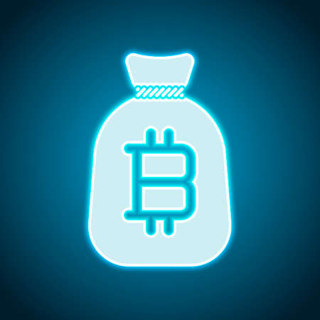 Money bag with bitcoin. Full moneybag icon. Neon style. Light decoration icon. Bright electric symbolのイラスト素材