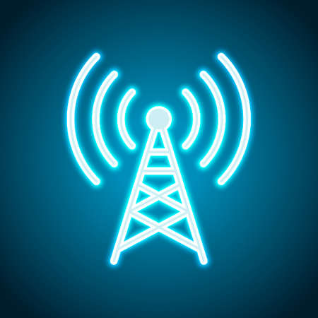 Radio tower icon. Linear style. Neon style. Light decoration icon. Bright electric symbolのイラスト素材