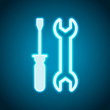 Repair service, wrench and screwdriver, tools. Neon style. Light decoration icon. Bright electric symbolのイラスト素材
