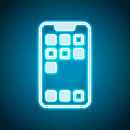 Simple mobile phone icon. Linear symbol, thin outline. Neon style. Light decoration icon. Bright electric symbolのイラスト素材