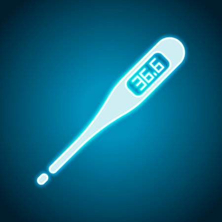 Electronic medical thermometer for body. Neon style. Light decoration icon. Bright electric symbol