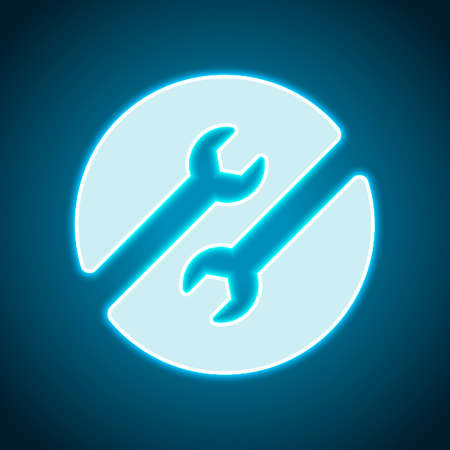 Repair service, couple of wrench in circle. Neon style. Light decoration icon. Bright electric symbolのイラスト素材