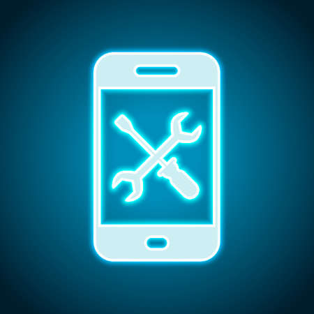 Phone repair service icon. Neon style. Light decoration icon. Bright electric symbolのイラスト素材